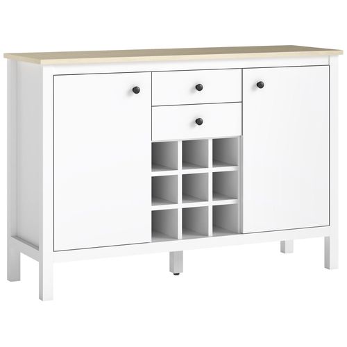 Buffet 2 Tiroirs, 2 Portes tagres Rglables, Range-Bouteilles 9 Max. - Blanc Bois Clair