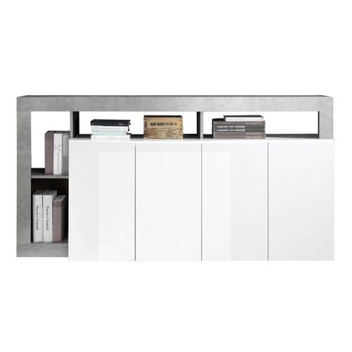 Buffet 4 Portes Blanc Laqu Encadrement Niches Aspect Cimento