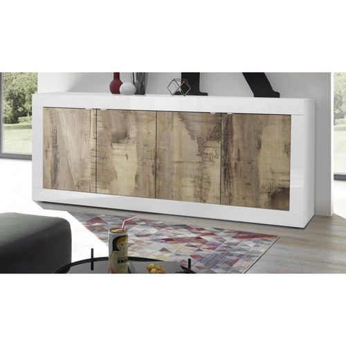 Buffet 4 Portes, Collection Cisa, Coloris Blanc Et Chne Clair, Idal Pour Un Salon Ou Une Salle  Manger Moderne