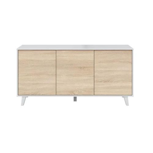 Buffet Avec 3 Portes Coloris Blanc Brillant Et Chne - Dim : L 154 X P 41 X H 75 Cm