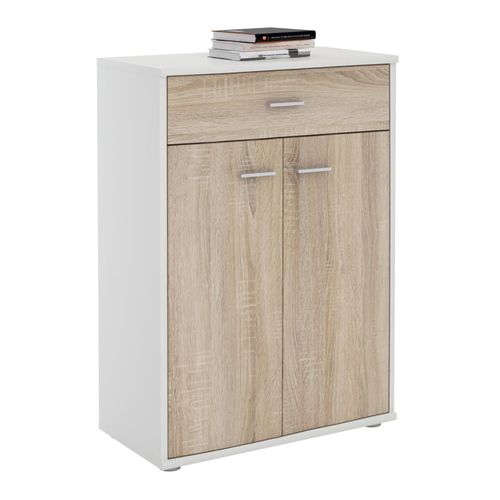 Buffet Calais, Commode Meuble De Rangement Avec 1 Tiroir Et 2 Portes, En Mlamin Blanc Mat Et Dcor Chne Sonoma