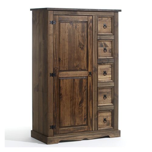 Buffet Chiffonnier Apothicaire Tequila Style Mexicain Avec 1 Portes Et 5 Tiroirs, En Pin Massif Lasur Brun
