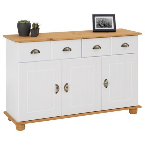 Buffet Colmar Commode Bahut Vaisselier Meuble Bas Rangement Avec 2 Tiroirs Et 3 Portes, En Pin Massif Lasur Blanc Et Brun