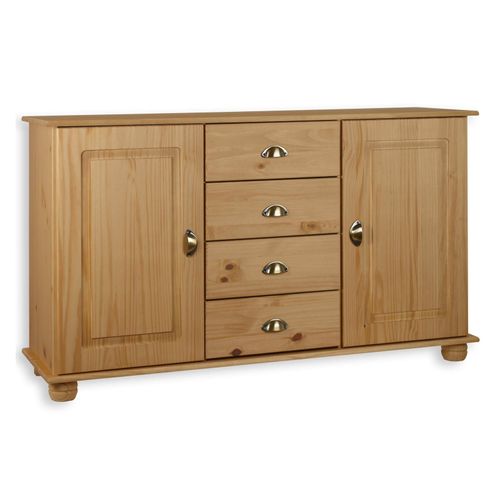 Buffet Colmar Commode Bahut Vaisselier Meuble Bas Rangement Avec 4 Tiroirs Au Centre Et 2 Portes, En Pin Massif Teint Et Cir