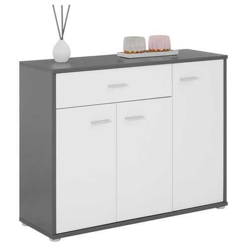 Buffet Coraline, Commode Meuble De Rangement Avec 1 Tiroir Et 3 Portes, En Mlamin Gris Mat Et Blanc Mat