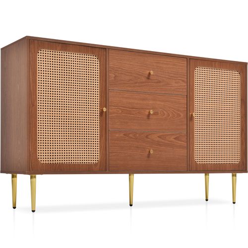 Buffet Effet Bois Noyer Avec 2 Portes Et 3 Tiroirs En Rotin
