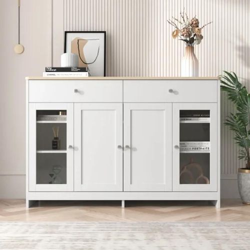 Buffet En Bois Blanc Vein, Quatre Portes, Avec Deux Tiroirs, Porte Avec Verre. Salon, Salle  Manger. Couleur Bois Et Blanc