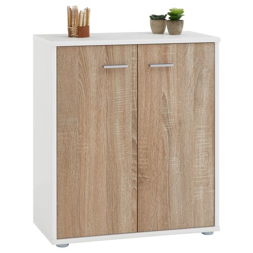 Buffet Firmin, Commode Meuble De Rangement Avec 2 Portes, En Mlamin Blanc Mat Et Dcor Chne Sonoma