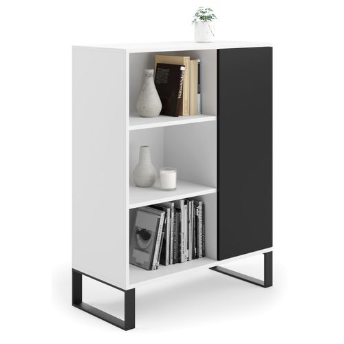 Buffet Fondi, Commode Avec 1 Porte Et tagres - Blanc / Noir - L 90 X P 40 X H 116cm
