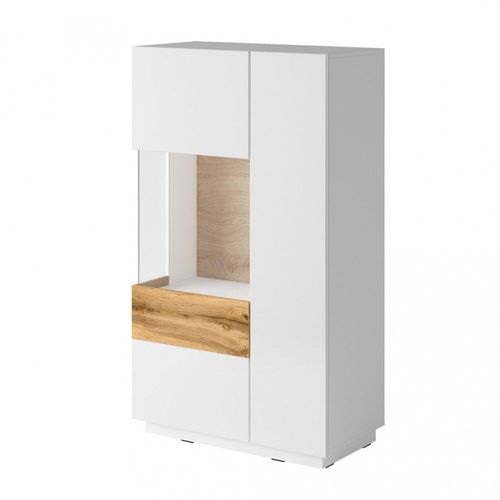 Buffet Haut Avec Collection Kiles Deux Portes. Coloris Blanc Et Chne. Porte Vitre  Gauche