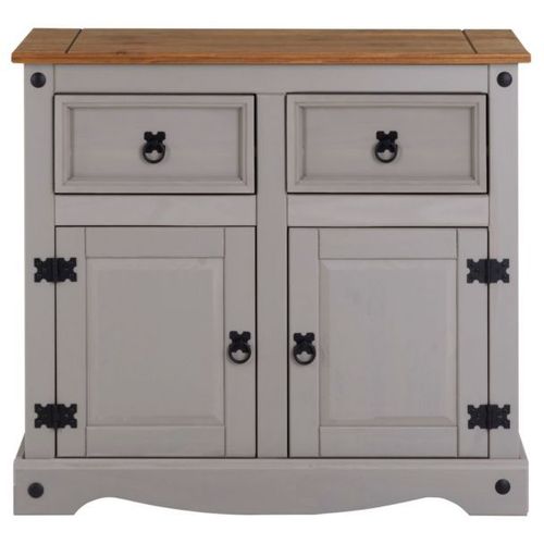 Buffet Ramon Commode Bahut Vaisselier En Pin Massif Gris Et Brun Avec 2 Tiroirs 2 Portes, Meuble De Rangement Style Mexicain En Bois