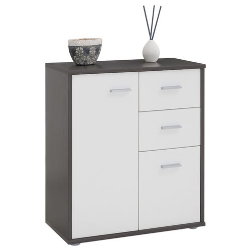Buffet Remy, Commode Meuble De Rangement Avec 2 Tiroirs Et 2 Portes, En Mlamin Gris Mat Et Blanc Mat