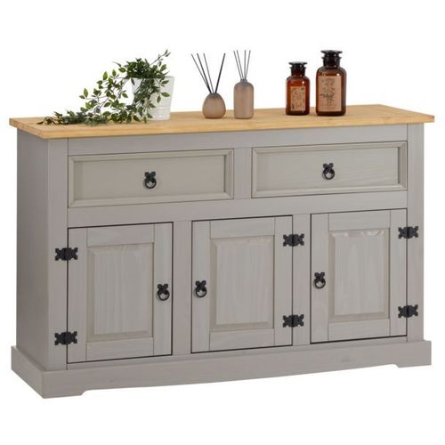 Buffet Tequila Commode Bahut Vaisselier En Bois Style Mexicain Avec 2 Tiroirs Et 3 Portes Battantes, En Pin Lasur Gris Et Brun