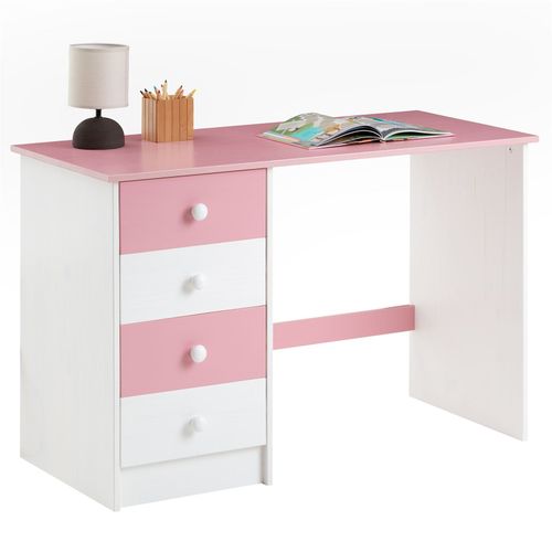 Bureau Arne Pour Enfant Ou Adulte Multi Rangements, Avec 4 Tiroirs, En Pin Massif Lasur Blanc Et Rose