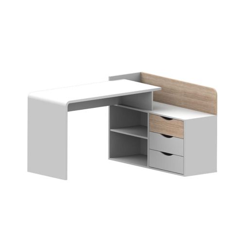 Bureau D'angle Declan Ii - Mdf - 3 Tiroirs & 2 Niches - Coloris : Blanc & Chne
