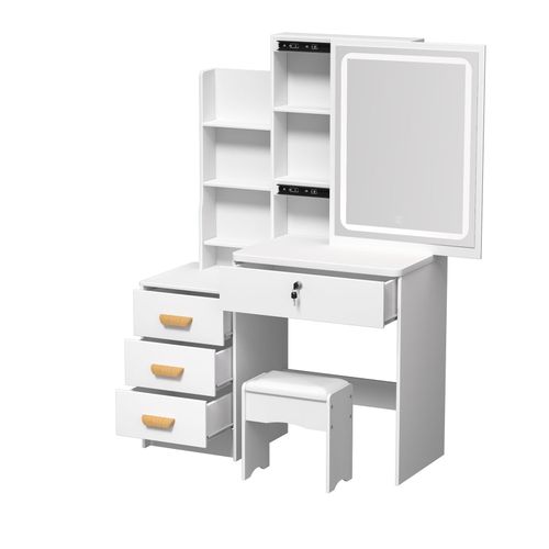 Bureau De Maquillage Avec Miroir clair Par Led, Bureau De Toilette Avec 4 Tiroirs Et tagres Ouvrables, Coiffeuse De Chambre  Coucher Avec Tabouret