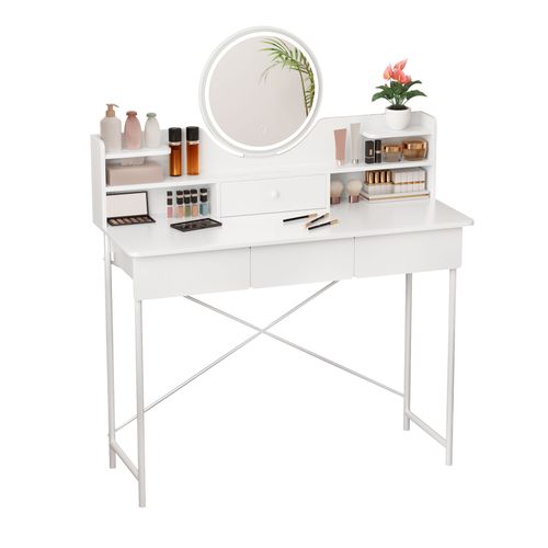 Bureau De Maquillage Avec Miroir clair Par Led, Coiffeuse Avec 4 Tiroirs Et tagres Ouvrantes, Coiffeuse De Chambre  Coucher, 3 Modes De Luminosit Rglables
