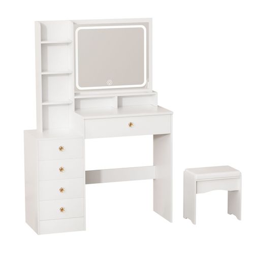 Bureau De Maquillage Avec Miroir clair Par Led, Table De Vanit Avec 5 Tiroirs Et tagres Ouvrables, Coiffeuse De Chambre  Coucher Avec Tabouret