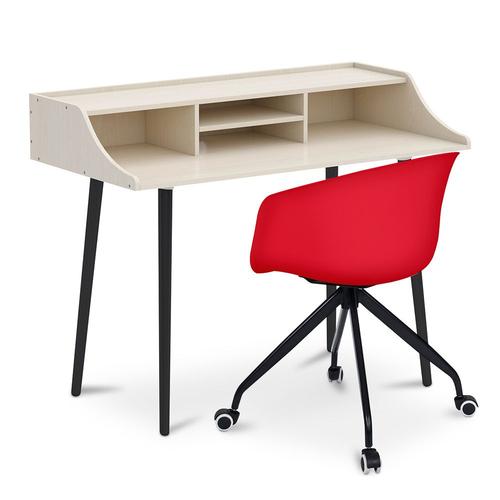 Bureau En Bois Design Style Scandinave Eldrid + Chaise De Bureau Design Avec Accoudoirs Et Roues Rouge