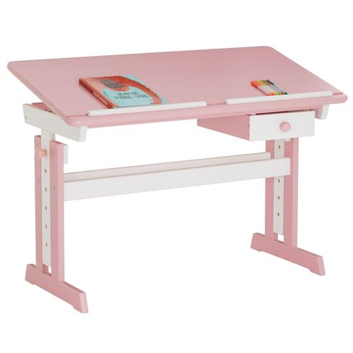 Bureau Enfant colier Junior Flexi Table  Dessin Rglable En Hauteur Et Pupitre Inclinable Avec 1 Tiroir En Pin Lasur Blanc Rose