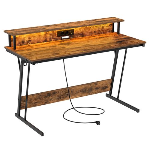 Bureau Gaming Avec Led Et Multiprise, Table Gamer, Marron Rustique