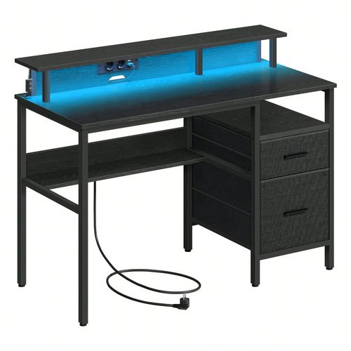 Bureau Gaming Avec Lumires Led Et Multiprise, Bureau Informatique Avec Support D'cran, Table Avec Rangement, 2 Tiroirs, 2 Ports Usb, Marron Rustique