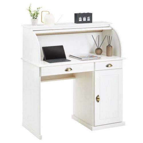 Bureau Secrtaire Tom Avec Volet Roulant Rangement 2 Tiroirs Et 1 Porte Avec tagre, En Pin Massif Lasur Blanc