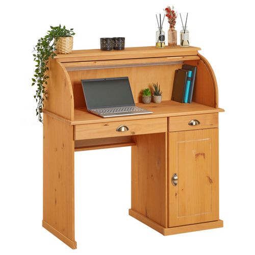 Bureau Secrtaire Tom Avec Volet Roulant Rangement 2 Tiroirs Et 1 Porte Avec tagre, En Pin Massif Lasur Brun