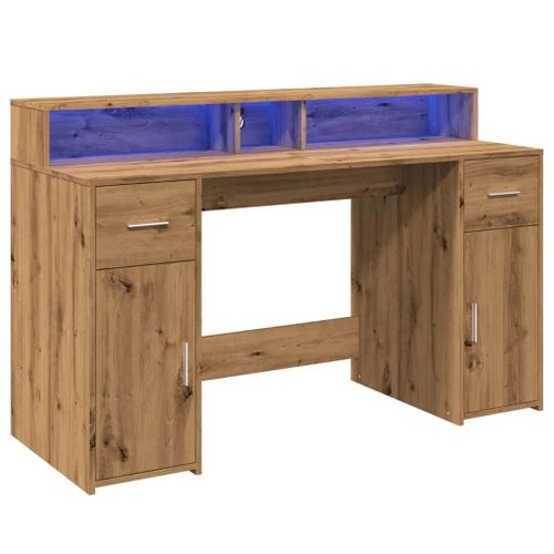 Bureau Table Poste De Travail Meuble D'ordinateur Informatique tude Avec Lumires Led Chne Artisanal Bois D'ingnierie Brun Helloshop26 02_0023417