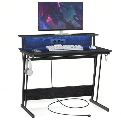 Bureau Gaming Avec Led Et Multiprise, Bureau Informatique Avec Rehausseur D'cran, 60 X 100 X 75 Cm, Noir Bois