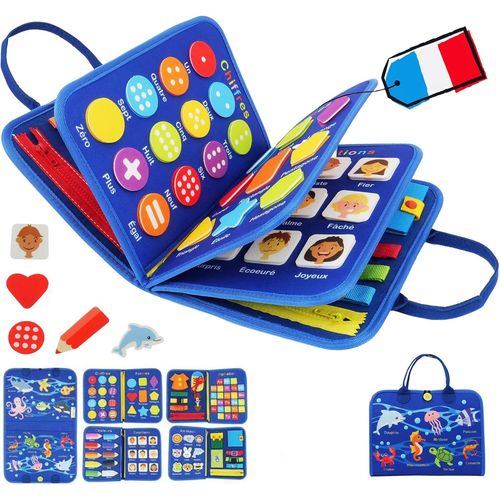 Busy Board franais  Jouet ducatif & Sensoriel pour Enfant  Planche dApprentissage 9-en-1 Base sur la Mthode Montessori  2 3 4 5 ans  Jeu dveil  Ide Cadeau Nol pour Enfants (bleu).[G954]
