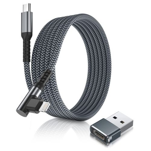 Cble Chargeur USB C vers Lightning 2M 90 Degrs avec Adaptateur USB A,Coud Cordon Type C PD Angle Droit Charge Rapide pour iPad 8 Gnration iPhone 11 12 13 14 Pro Max