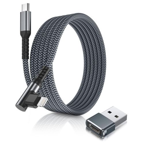 Cble Chargeur USB C vers Lightning 3M 90 Degrs avec Adaptateur USB A,Coud Cordon Type C PD Angle Droit Charge Rapide pour iPad 9 Gnration iPhone 11 12 13 14 Pro Max