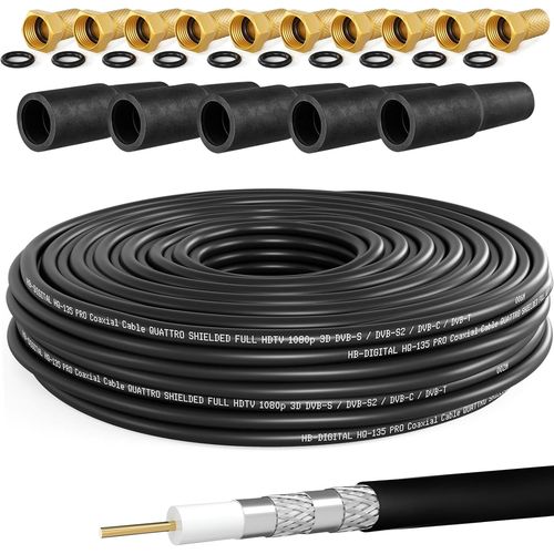 Cble coaxial SAT HQ-135 PRO de 50 m avec 5 douilles en caoutchouc + 10 fiches F plaques or gratuites | Cble d'antenne satellite quadruple blindage | Pour installations DVB-S/S2 DVB-C/C2