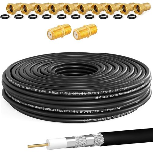 Cble coaxial SAT HQ135 PRO de 50 m avec 2 connecteurs F + 10 fiches F plaques or - Cble d'antenne satellite quadruple blindage pour installations DVB-S/S2 DVB-C/C2 DVB-T/T2 DAB + radio