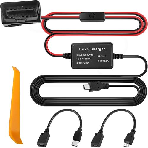 Cble d'alimentation OBD OBD2 pour camra embarque Mini USB/Micro USB/Type C 16 broches OBDII Step Down Hardwire Kit de chargeur 12 V 24 V vers 5 V 2 A avec interrupteur bouton convertisseur