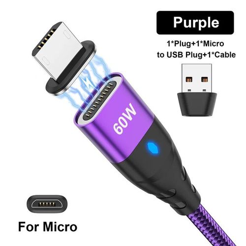 Cble De Charge Rapide Magntique,Transfert De Donnes,60w,Pd,Usb C,Usb Vers Type C,Micro Pluie,Fil De Chargeur Pour Iphone 14,13,Samsung - Type Purple For Micro-1m