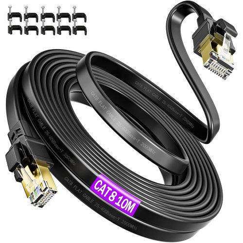 Cable Ethernet 10m Cat 8 Blind, Cable RJ45 Cat 8 10m 40Gbps 2000Mhz Cable Reseau 10 Mtres Ethernet Haut Debit Gigabit Extra Long Cable LAN Plat Cable Internet Noir pour PC, Modem, Routeur,.[G392]