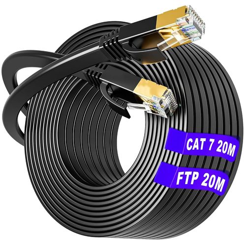 Cable Ethernet 20m Blind, Cat 7 Cable 20m Plat RJ45 Cble Rseau Haut Debit Fiber, Cble LAN Internet Gigabit 10Gbps 600MHz S/FTP Ethernet Cble Compatible avec Routeur Switch Modem PC(20 Clips)