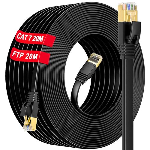 Cable Ethernet 20m Blind, Cat 7 RJ45 Cable 20m Plat Cble Rseau Haut Debit Fiber, Cble LAN Internet Gigabit 10Gbps 600MHz S/FTP Ethernet Cble Compatible avec Routeur Switch Modem PC(20 Clips)