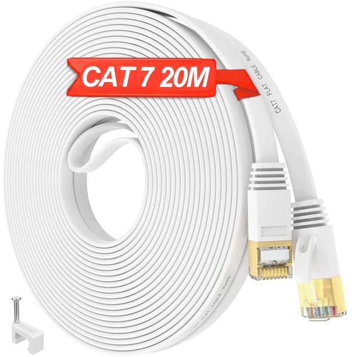 Cble Ethernet 20m CAT 7 Blind, Cble RJ45 20m Cble Rseau Blanc Cable Internet Haut Dbit, Cable Lan Plat Gigabit S/FTP 10Gbps 600MHz Rsistant aux Intempries, pour Routeur Switch Modem (20.[G489]