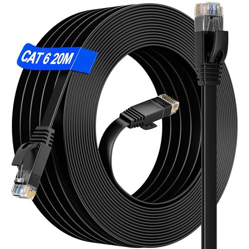 Cble Ethernet 20m, rj45 20m Cat 6 Haut Dbit Cble RSeau Plat Gigabit Cable Ethernet 20 mtres (20 Clips) - 10/100/1000 Mbits, Cable Internet LAN exterieur intrieur impermable pour Routeur/Switch