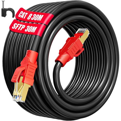 Cable Ethernet 30m, Cat 8 Cable RJ45 30 Mtres Blind SFTP Cble Rseau Haut Dbit Fibre Fil Ethernet 30m Exterieur Cble LAN Internet Gigabit 40Gbps 2000MHz 26AWG POE Noir pour Routeur Modem