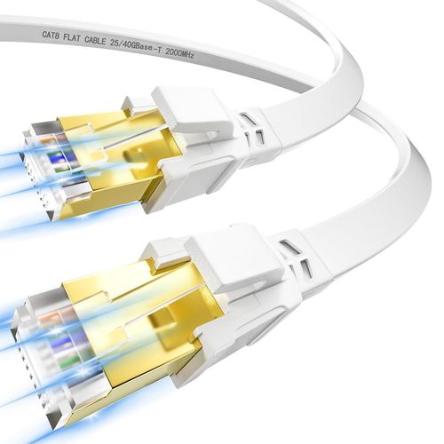 Cable Ethernet 3m Cat 8, Cble RJ45 Plat Cable Rseau 3m Haut Debit Fibre 40Gbps 2000MHz, Cble Wifi Blind Gigabit Cble Internet LAN Blanc pour Routeur Modem PS5/4