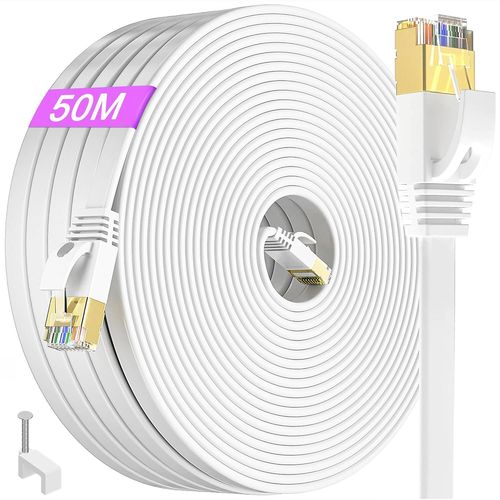 Cable Ethernet 50m Cat 7, Cable Rj45 Blind 50 Mtres Exterieur Cble Rseau Plat Cable Lan Haut Dbit Fibre 10Gbps 600MHz FTP Giagbit Long Cble Internet Blanc Fil Ethernet pour Routeur Modem