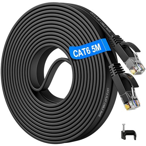 Cable Ethernet 5m, Cable Rj45 Cat 6 Cble Rseau 5m Plat Haut Dbit 1Gbit/s Cat 6 Cble Ethernet 5 Mtres, Cble Lan Gigabit Noir fil ethernet 5m Intrieur pour PC, Routeur, Switch, Modem.[G790]