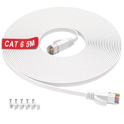 Cable Ethernet 5m Cat 6, Intrieur Cable RJ45 5m Plat Cble Rseau Haut Dbit 1000Mbps 250MHz, Blanc UTP Cable Internet 5 mtres Gigabit Cable LAN pour Routeur Modem Switch PS5/4 Xbox PC (5 Clips)
