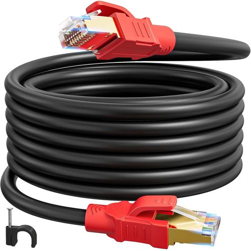 Cable Ethernet Cat 8 20m, Haut Debit Cable RJ45 20m Blind 40Gbps 2000MHz Cble Rseau Noir Gigabit SFTP Fil Ethernet Impermeable POE Cable Internet LAN pour PC Routeur(20 Clips)