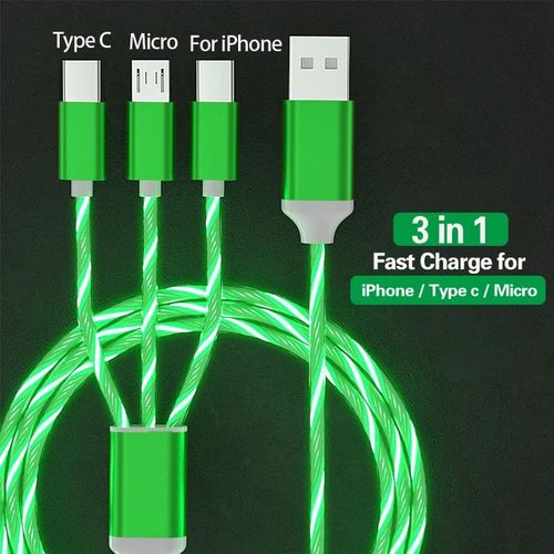 Cble Lumineux Led 3 En 1 Usb 5a Type C Pour Recharge Rapide,Cordon De Chargeur 3 En 1 Pour Tlphone Portable,Compatible Avec Samsung Xiaomi Iphone - Type 3 In 1 Green-1m