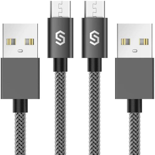 Cable Micro USB - 2m Pack de 2 Chargeur Micro USB Chargeur Rapide Nylon Cable de Chargeur Android pour Samsung Galaxy S7 S6 S4 S3 HTC Sony LG Huawei Xiaomi Motorola Kindle PS4 Gris